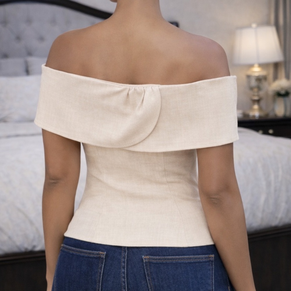 Beige Off Shoulder Button Front Structured top - Picture 2 of 2